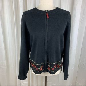Woolrich Women's Cardigan‎ Sweater Black Floral Ribbon Detail Size M
